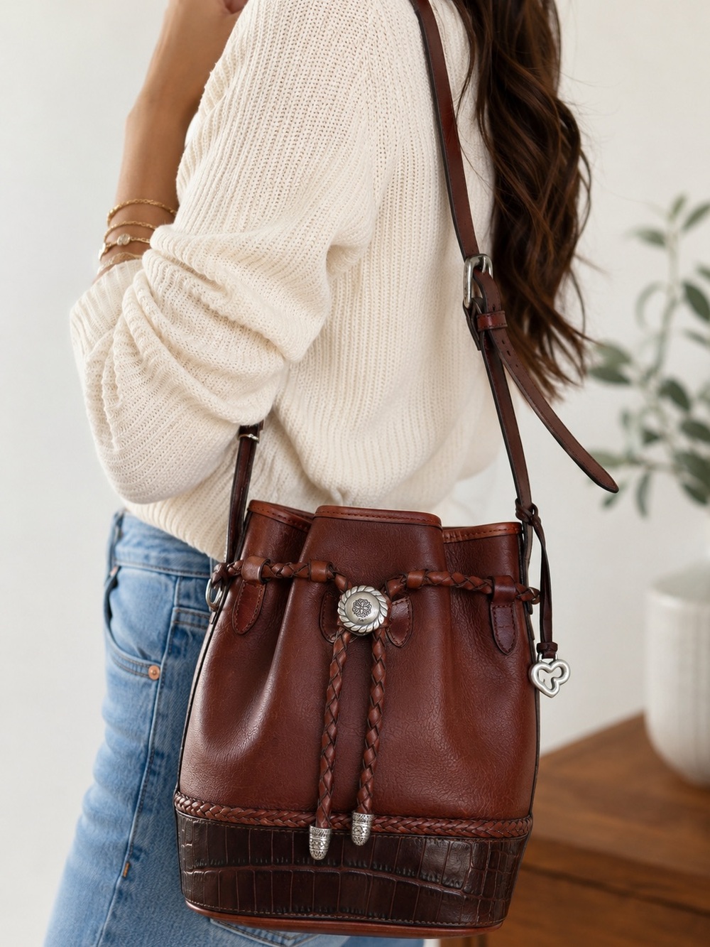 Brighton Vintage Leather Bucket Bag Brown Croc Trim Crossbody Shoulder Purse
